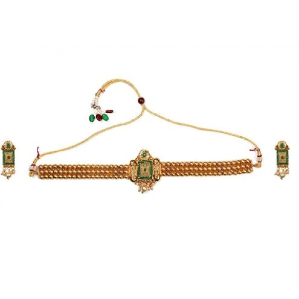 Elegant Gold Plated Choker Set (Green, Free Size)