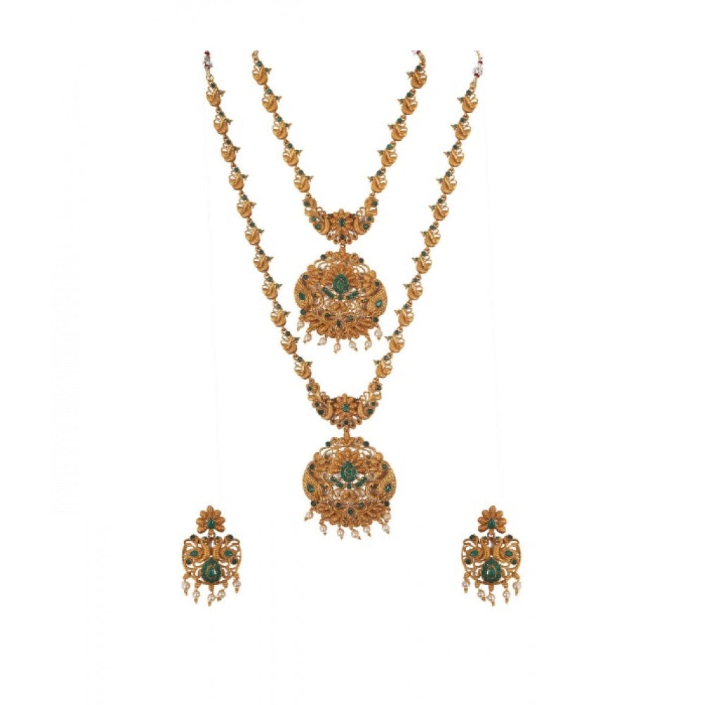 Elegant Double Line Temple Jewellery Set (Green, Free Size)