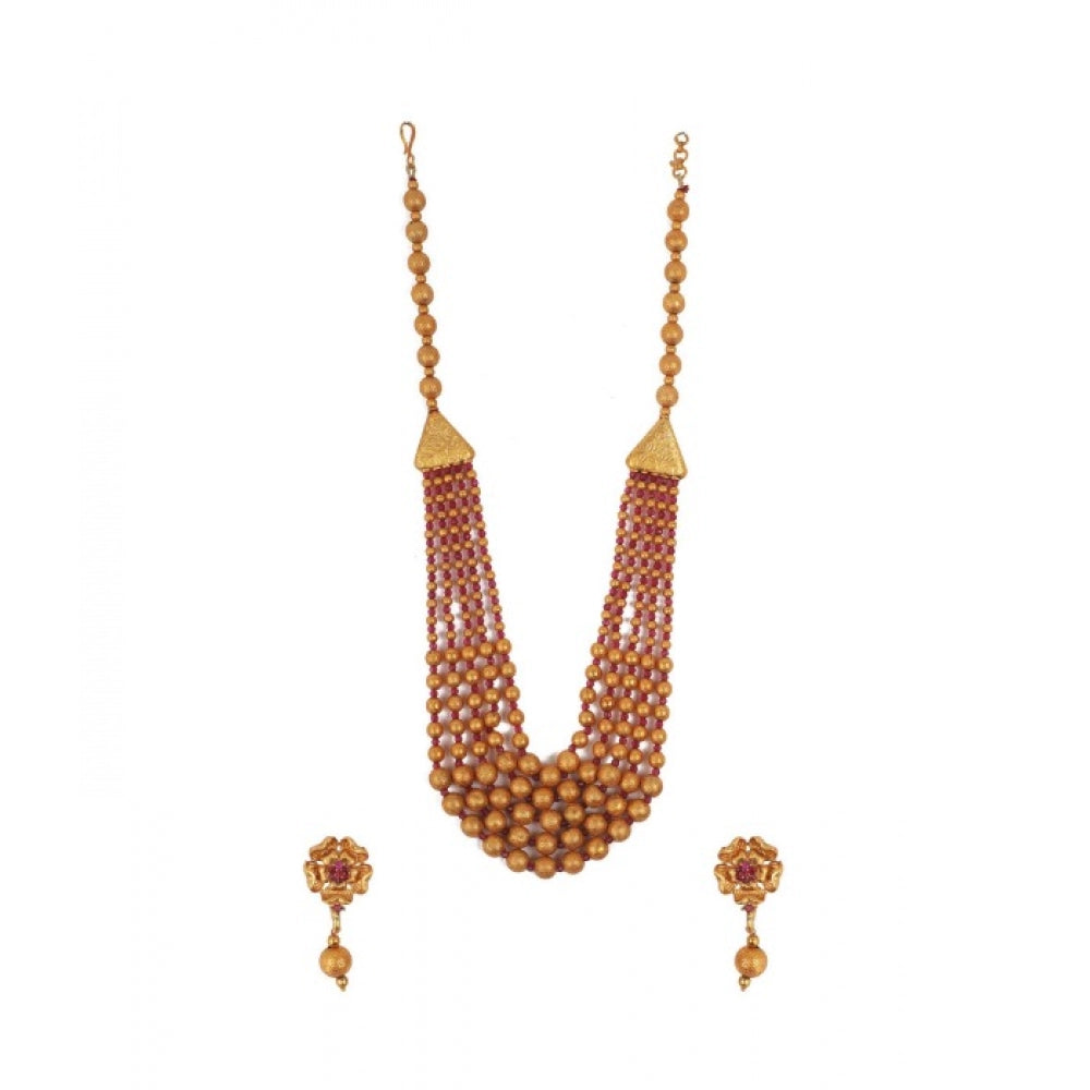 Ethnic Five Layer Brass Mala With Crystal (Red, Free Size)