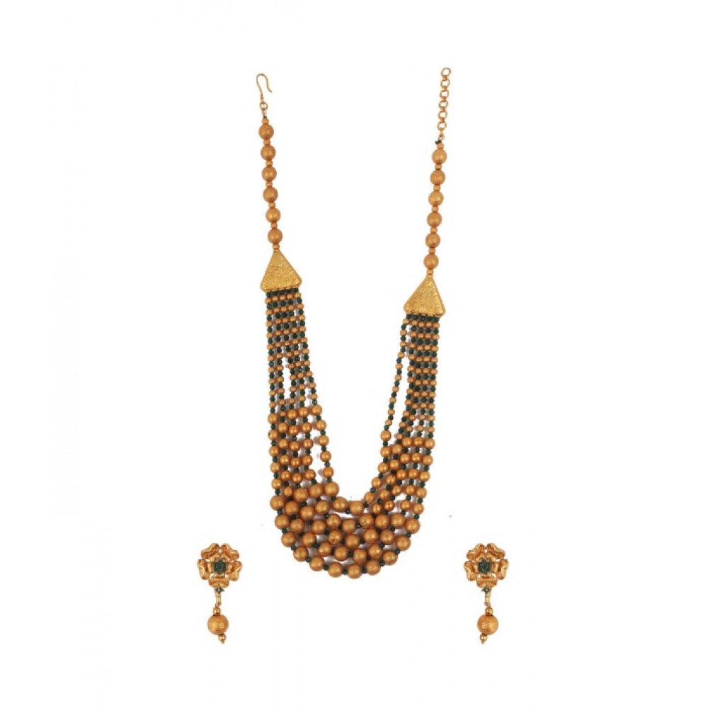 Ethnic Five Layer Brass Mala With Crystal (Green, Free Size)