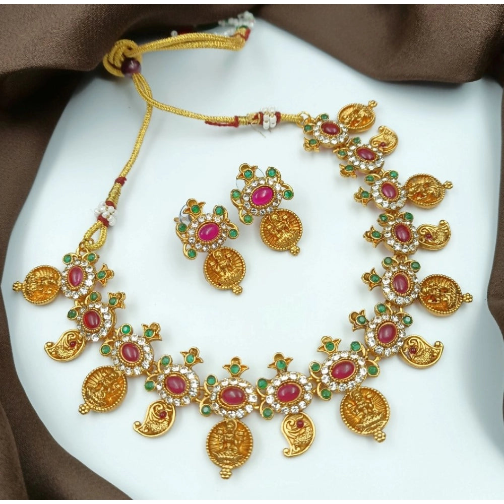 Gold Plated Traditional Necklace and Earrings Set (Multicolor, Free Size)