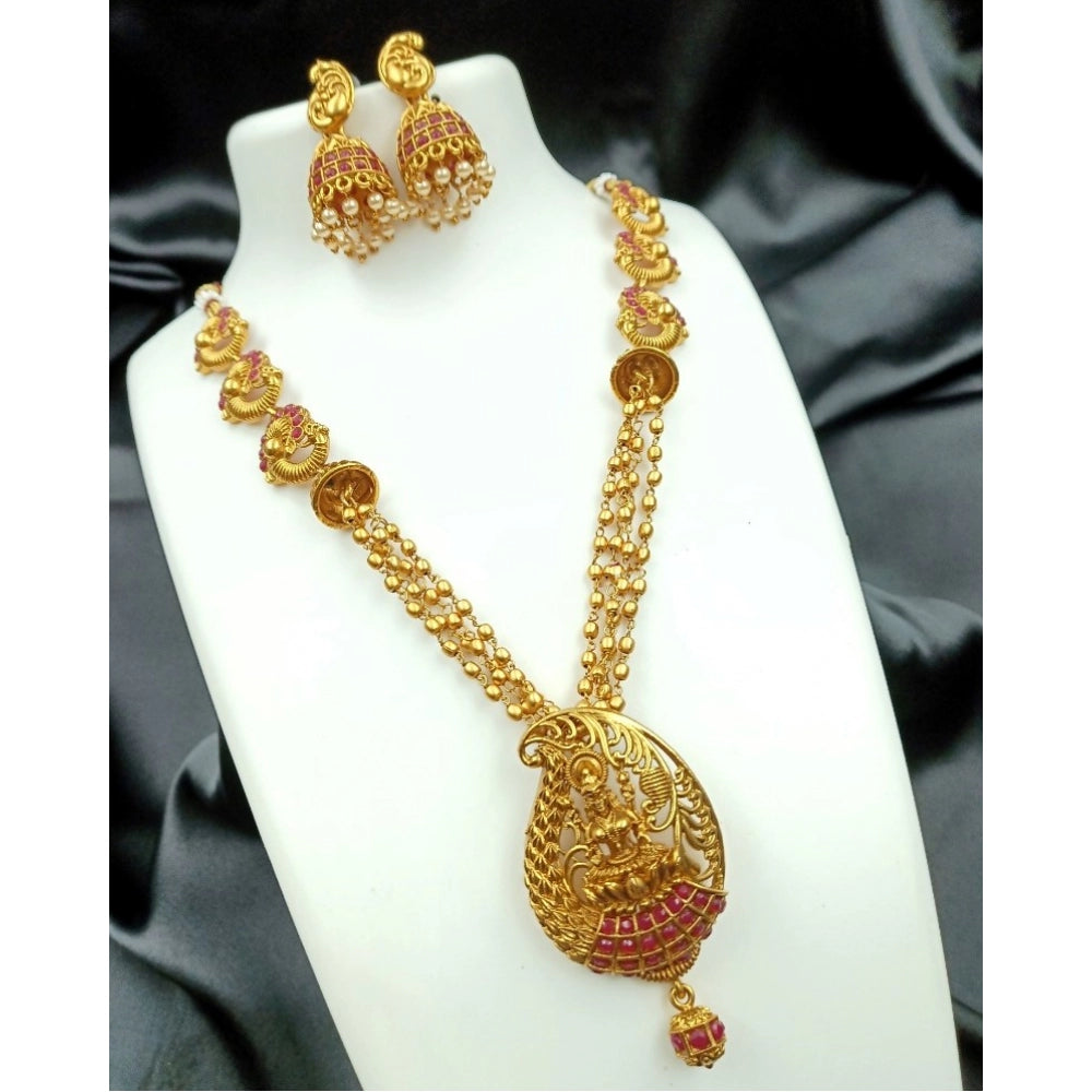 Gold Plated Necklace and Earrings Set with Antique Finish (Red, Free Size)