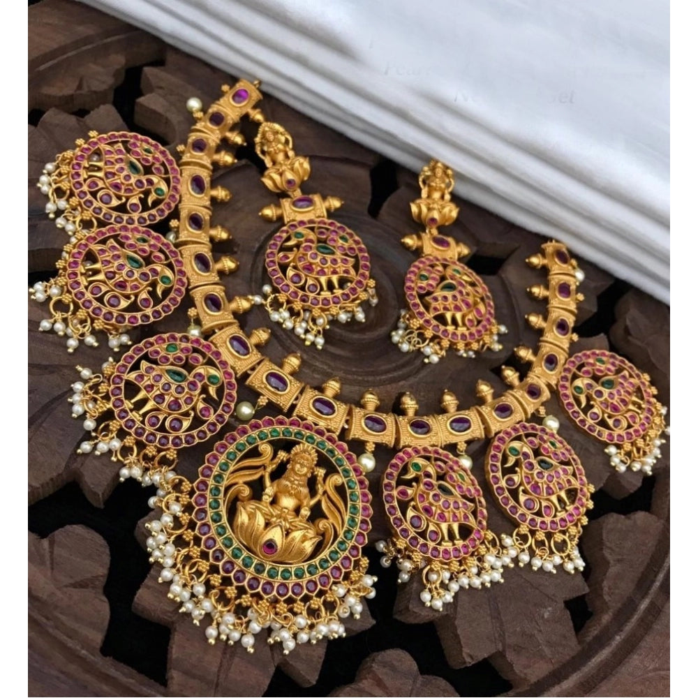 Goddess Glamour Gold Plated Temple Necklace and Jhumka Set (Multicolor, Free Size)