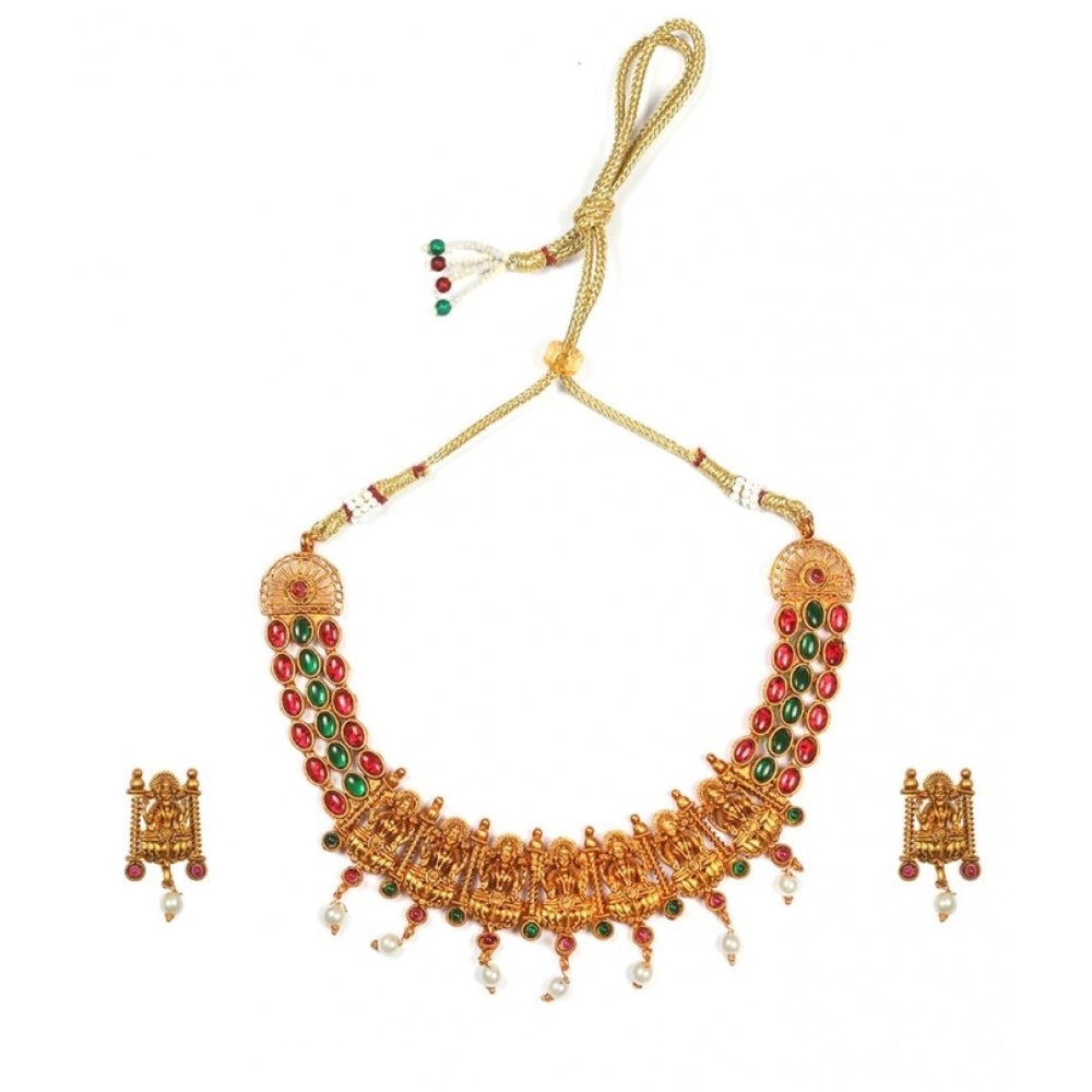 Temple Necklace and Earrings Set in Gold Plating (Multicolor, Free Size)