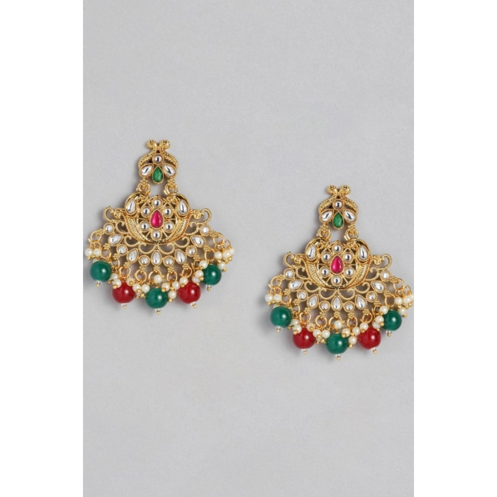 Rose Gold Plated Alloy Kundan Earrings & Mangtikka (Red & Green) – Design 01