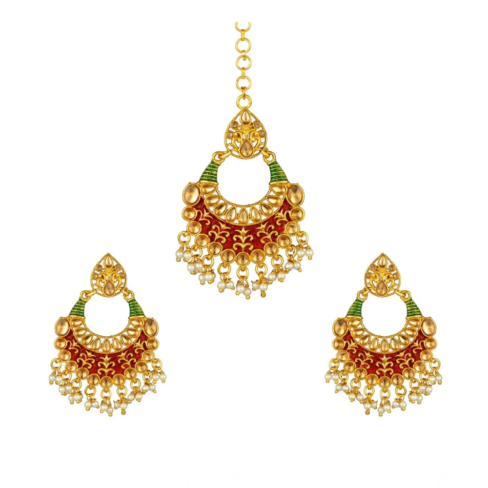 Rose Gold Plated Alloy Kundan Earrings & Mangtikka (Red & Green) – Design 02