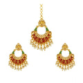 Rose Gold Plated Alloy Kundan Earrings & Mangtikka (Red & Green) – Design 02