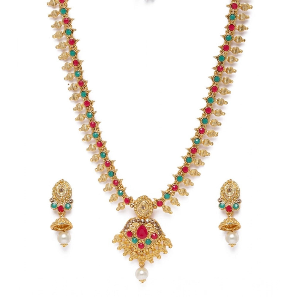 Rose Gold Plated Alloy Necklace & Earrings Set (Green & Red) – Design 01