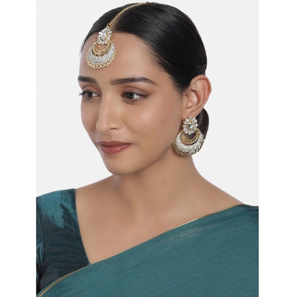 Rose Gold Plated Alloy Kundan Earrings & Mangtikka (White)