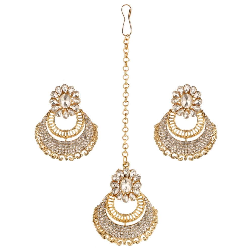 Rose Gold Plated Alloy Kundan Earrings & Mangtikka (White)