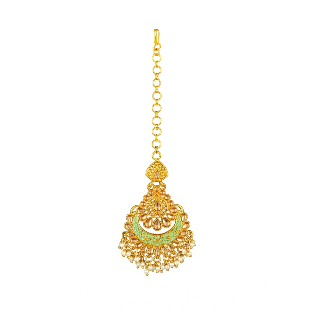 Rose Gold Plated Alloy Kundan Earrings & Mangtikka (Green) – Design 02