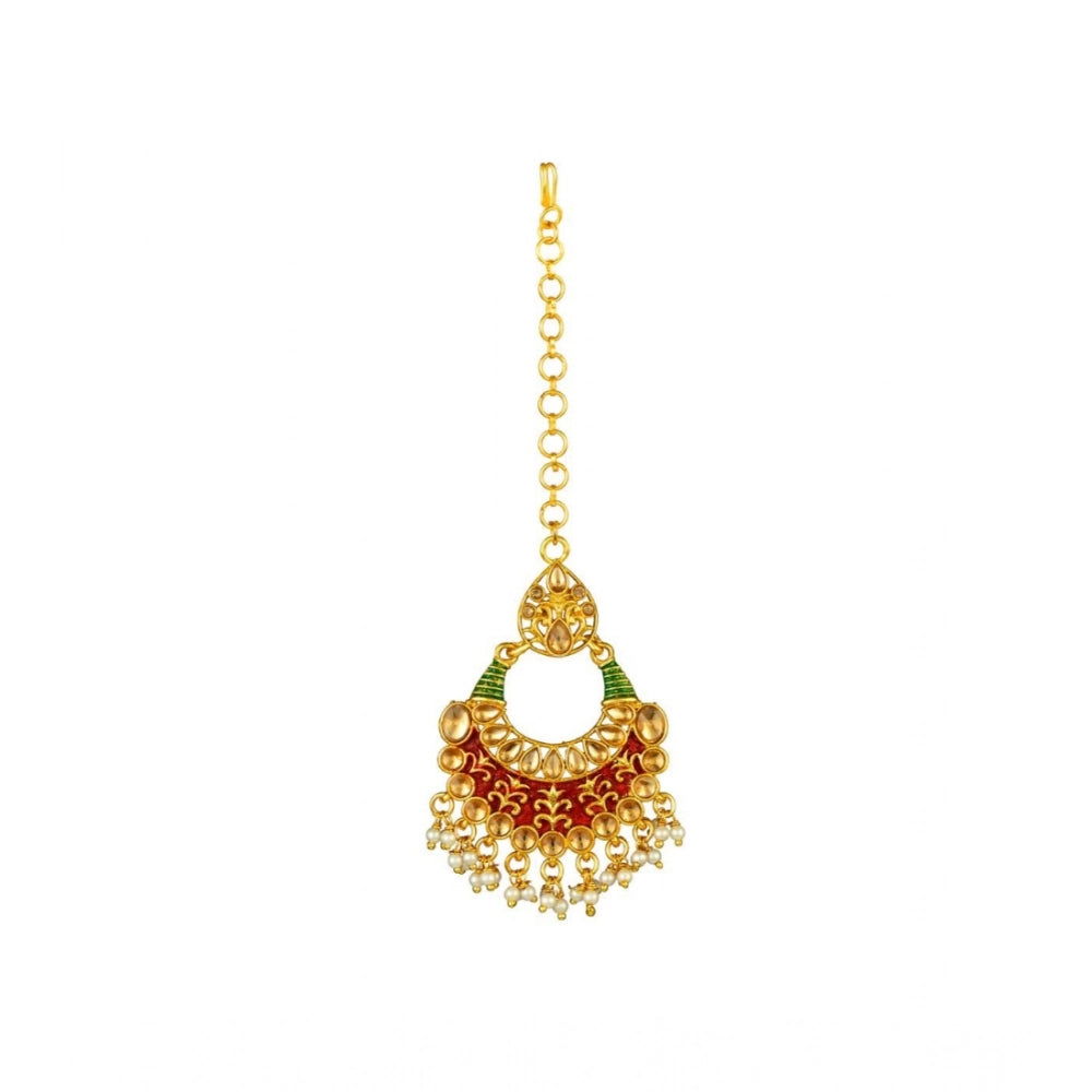 Rose Gold Plated Alloy Kundan Earrings & Mangtikka (Red & Green) – Design 02