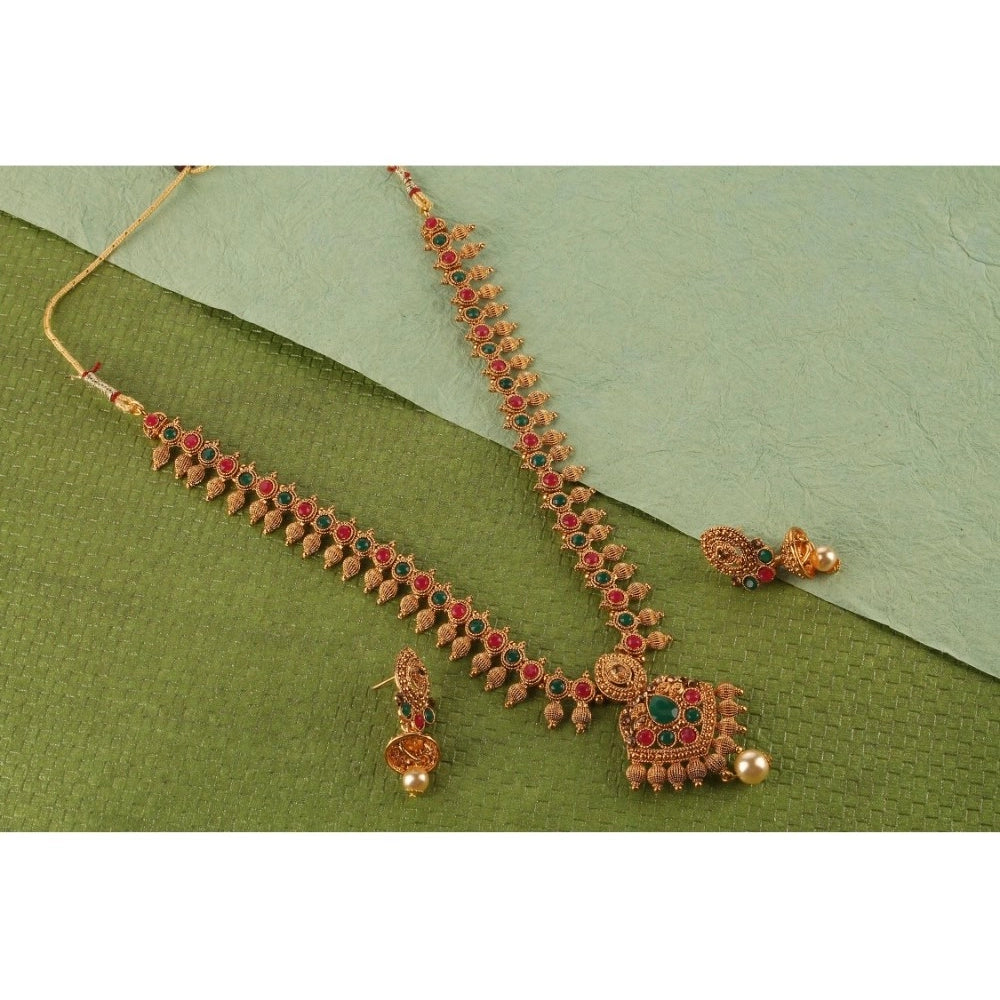Rose Gold Plated Alloy Necklace & Earrings Set (Green & Red) – Design 01