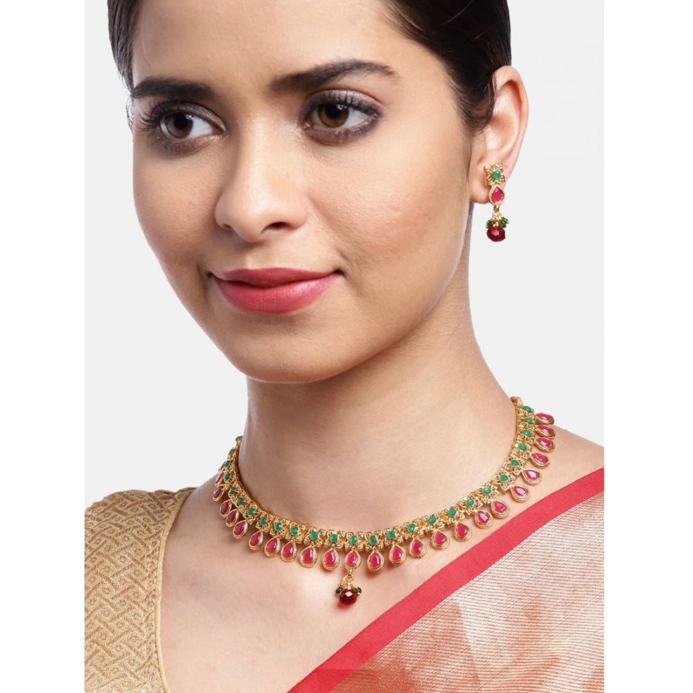Rose Gold Plated Alloy Necklace & Earrings Set (Green & Red) – Design 02