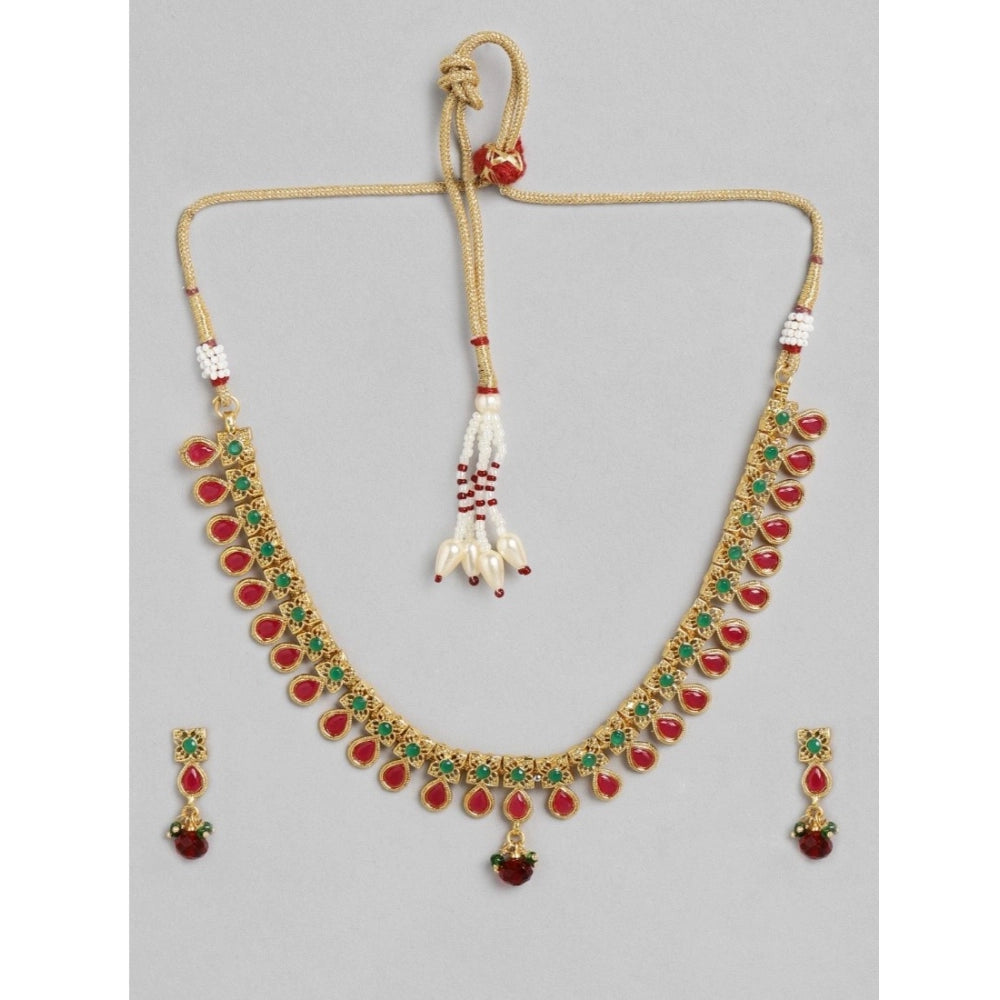 Rose Gold Plated Alloy Necklace & Earrings Set (Green & Red) – Design 02