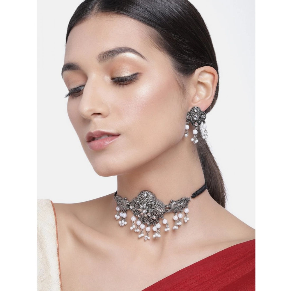 Rose Gold Plated Alloy Necklace & Earrings Set (Silver & White)