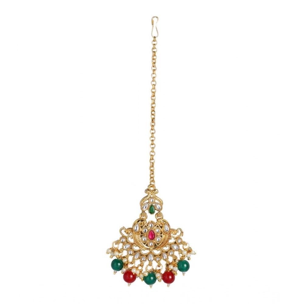 Rose Gold Plated Alloy Kundan Earrings & Mangtikka (Red & Green) – Design 01