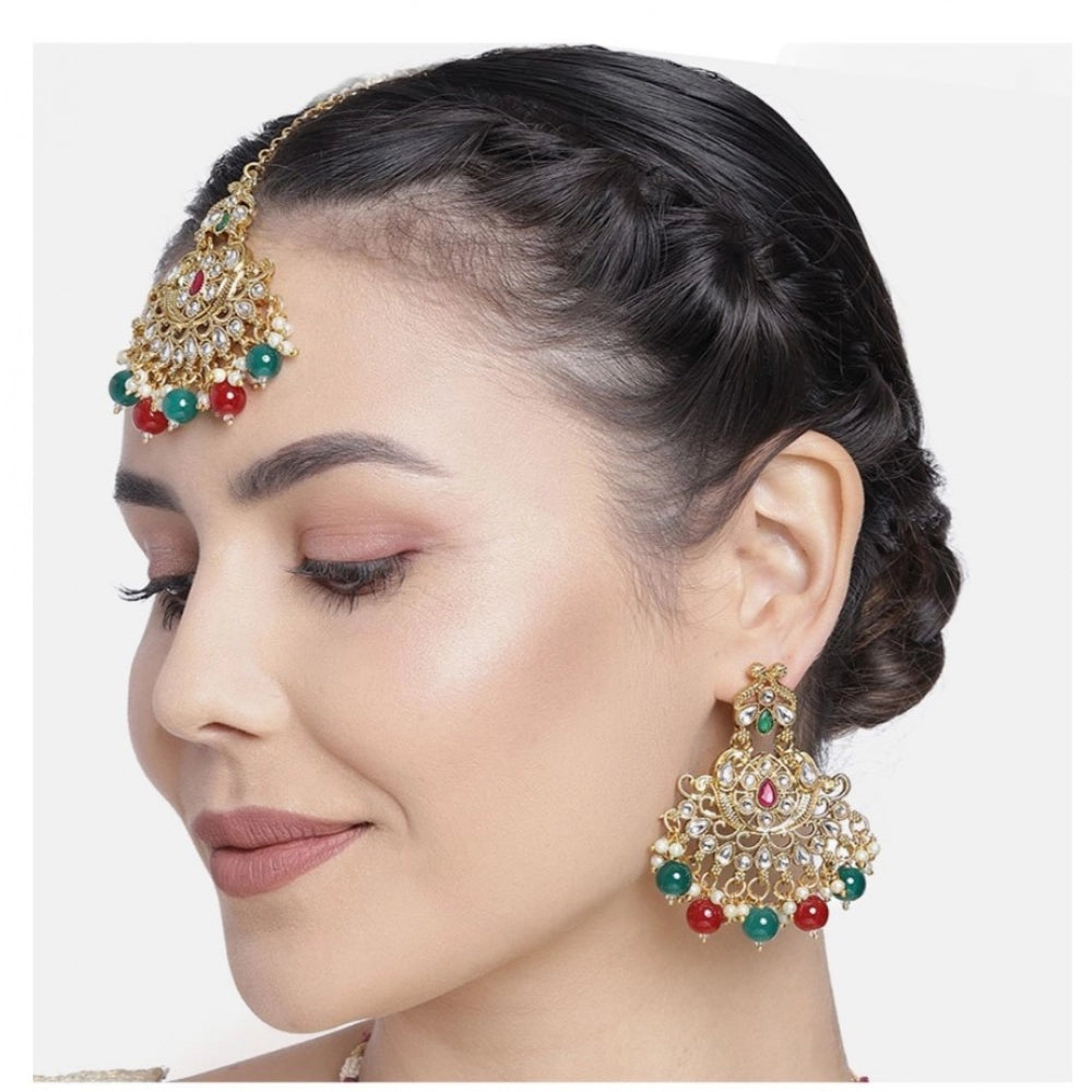 Rose Gold Plated Alloy Kundan Earrings & Mangtikka (Red & Green) – Design 01