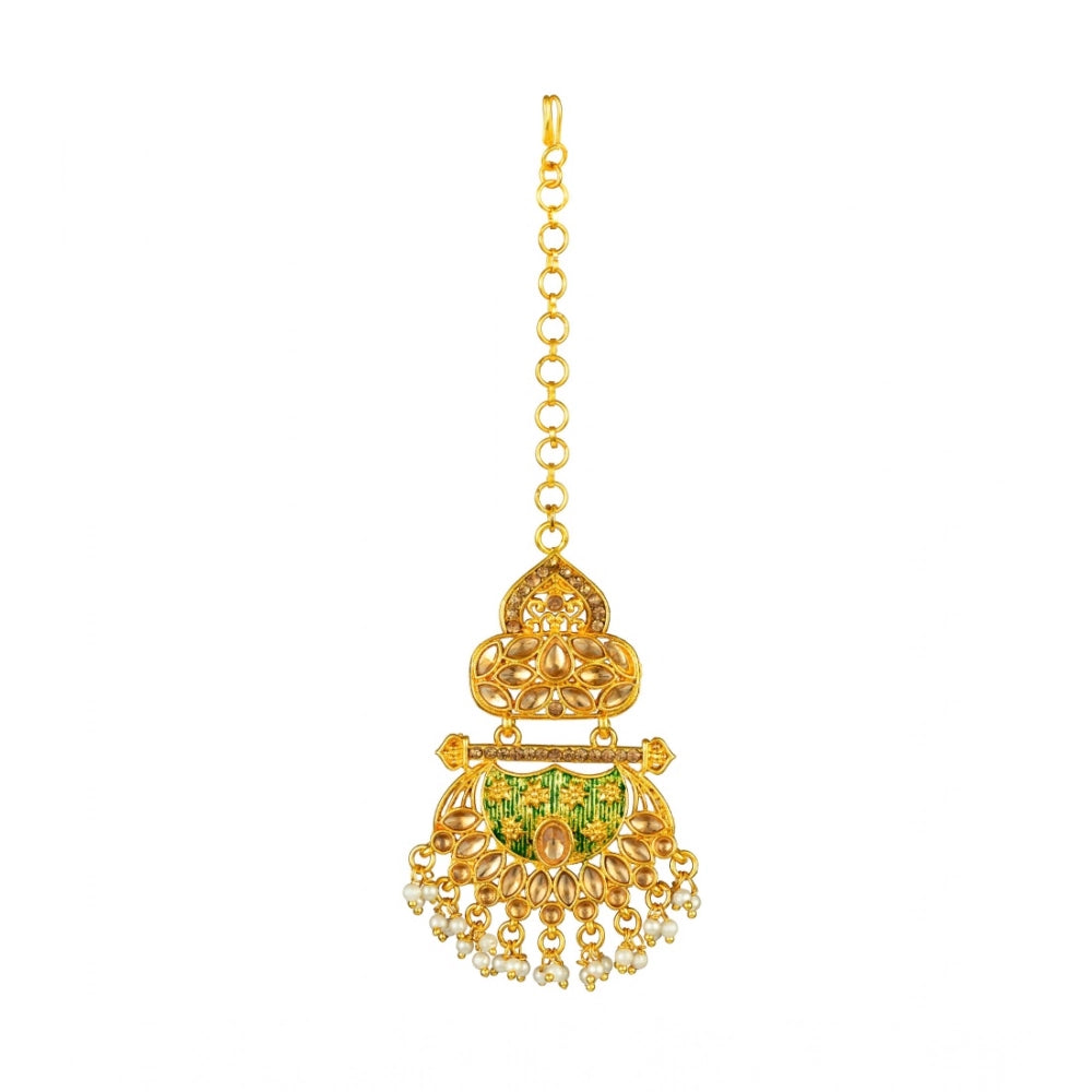 Rose Gold Plated Alloy Kundan Earrings & Mangtikka (Green) – Design 01