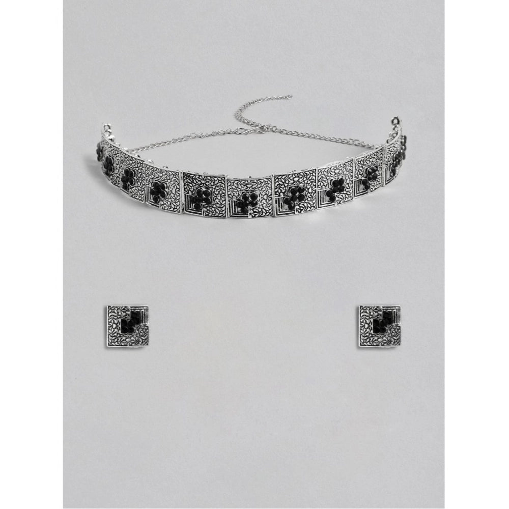 Rose Gold Plated Alloy Necklace & Earrings Set (Silver & Black)