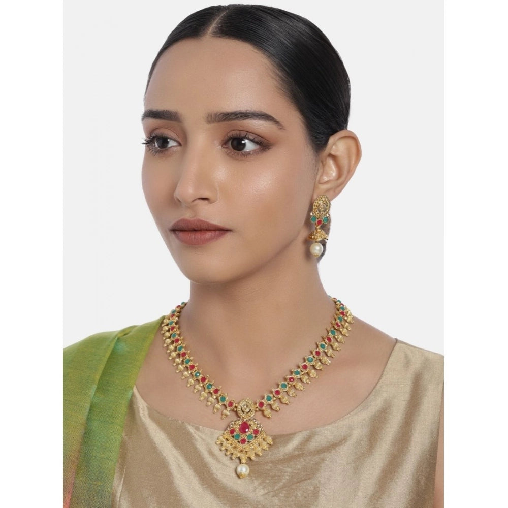 Rose Gold Plated Alloy Necklace & Earrings Set (Green & Red) – Design 01