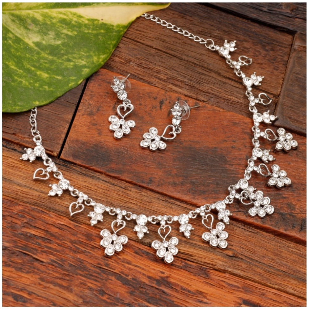 Rose Gold Plated Brass Necklace & Earrings Set (Silver)
