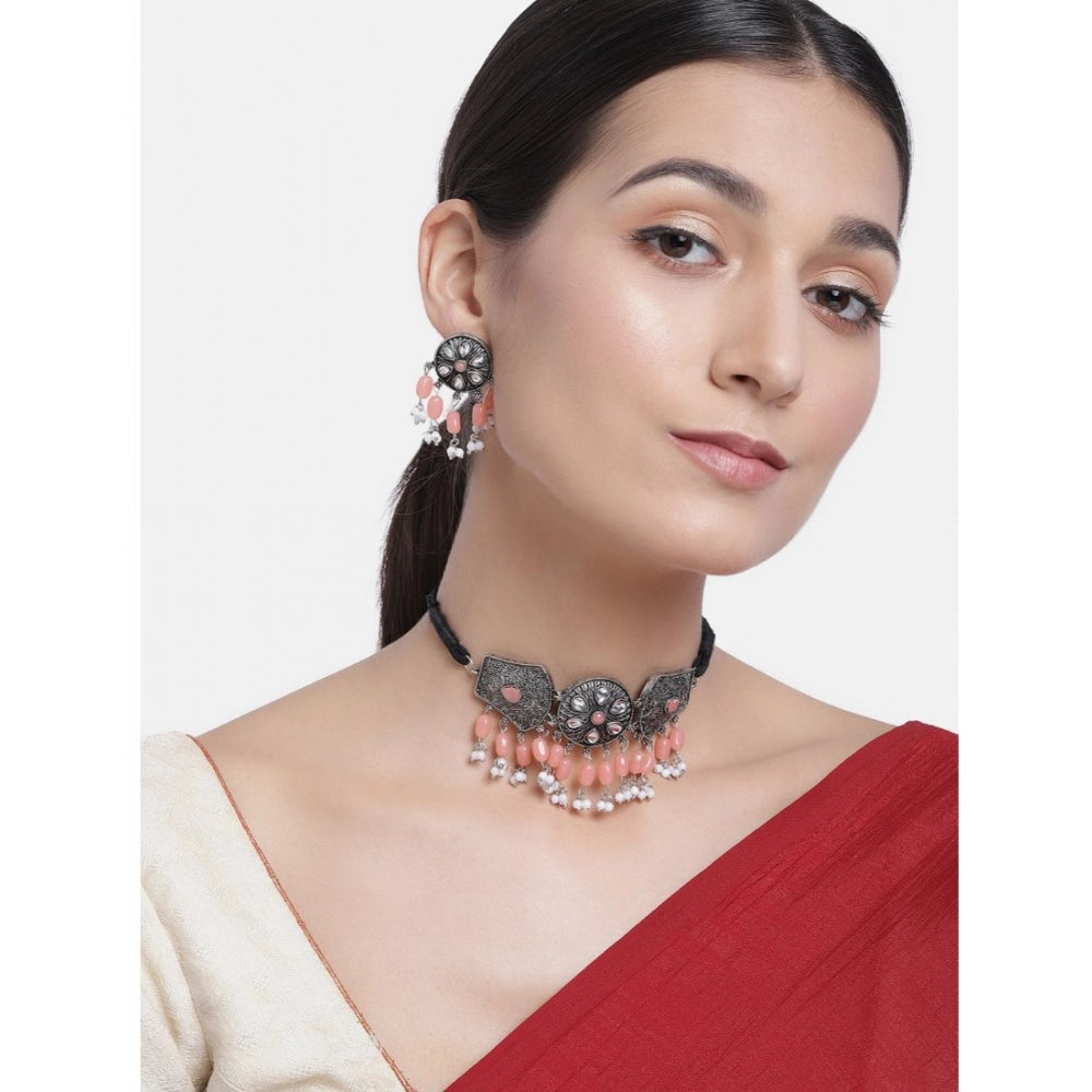 Rose Gold Plated Alloy Necklace & Earrings Set (Orange) – Design 01