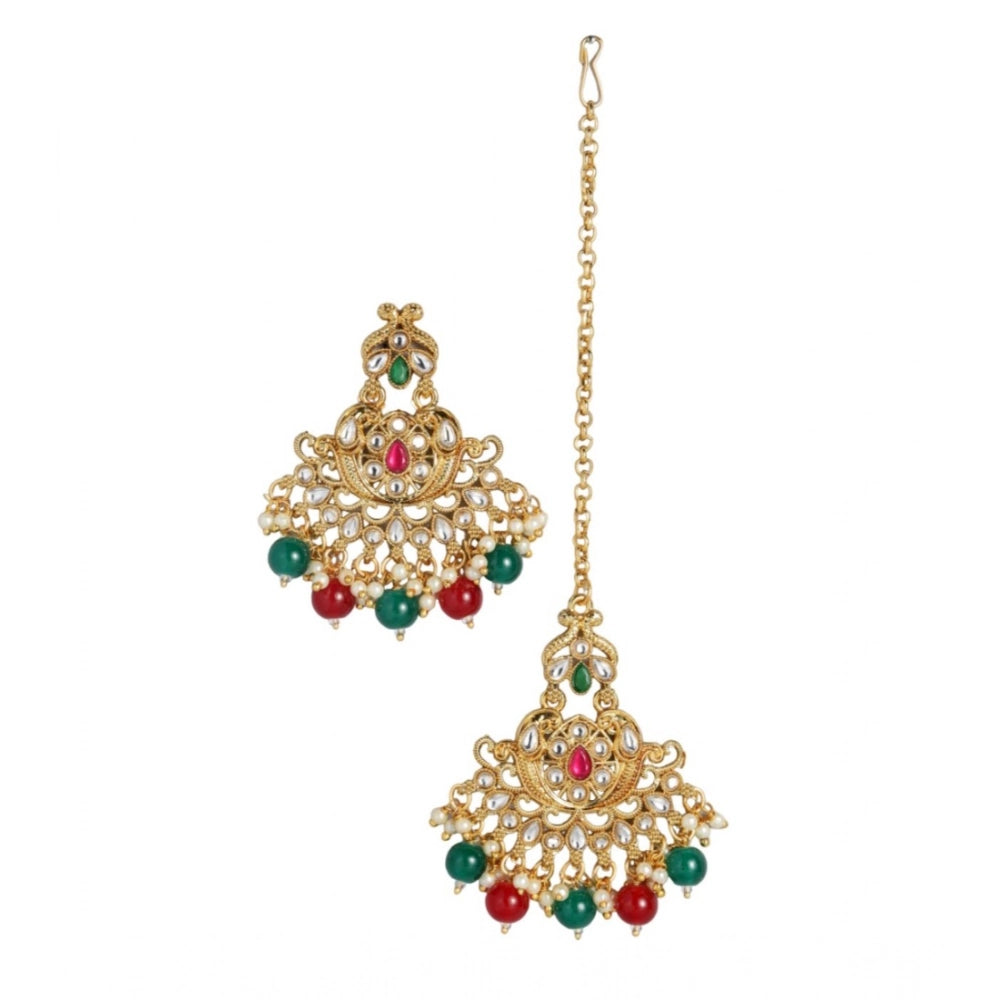 Rose Gold Plated Alloy Kundan Earrings & Mangtikka (Red & Green) – Design 01