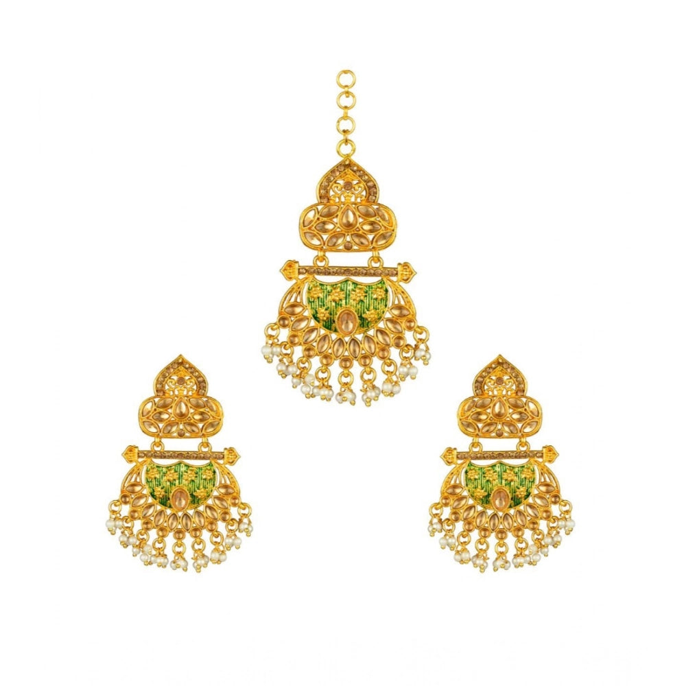 Rose Gold Plated Alloy Kundan Earrings & Mangtikka (Green) – Design 01