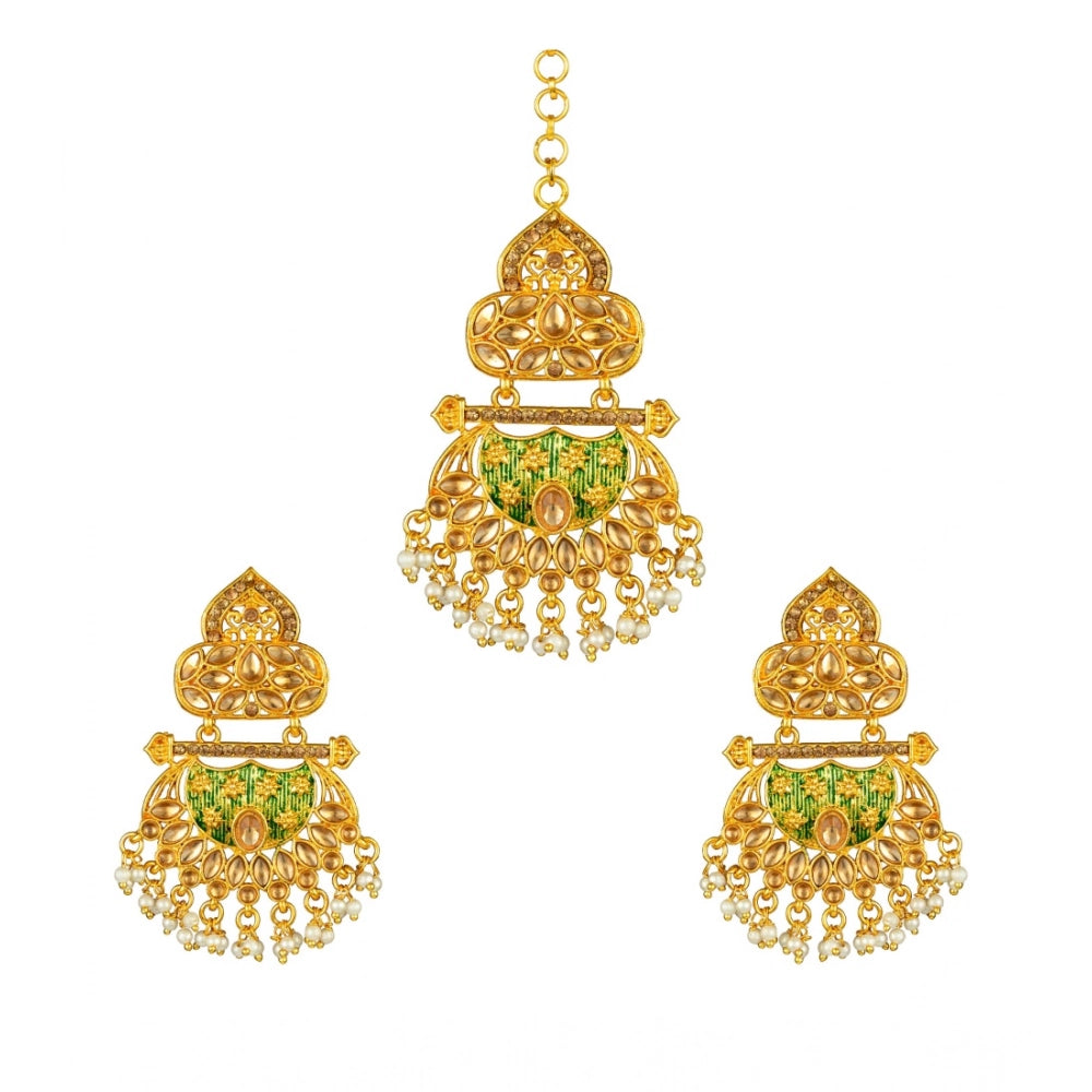 Rose Gold Plated Alloy Kundan Earrings & Mangtikka (Green) – Design 01