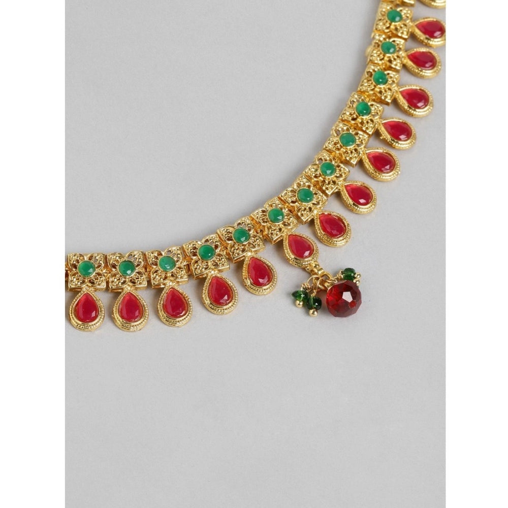 Rose Gold Plated Alloy Necklace & Earrings Set (Green & Red) – Design 02