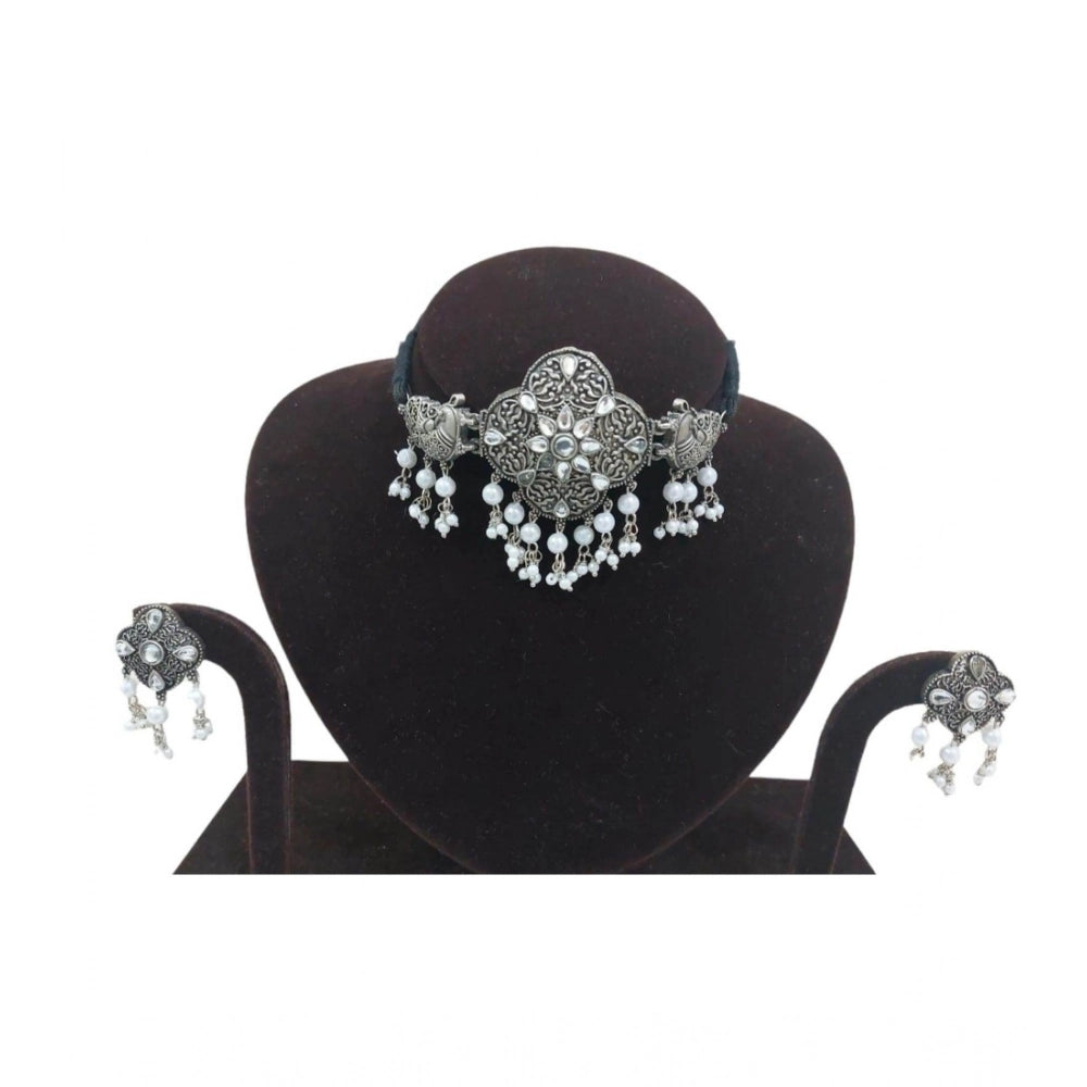 Rose Gold Plated Alloy Necklace & Earrings Set (Silver & White)