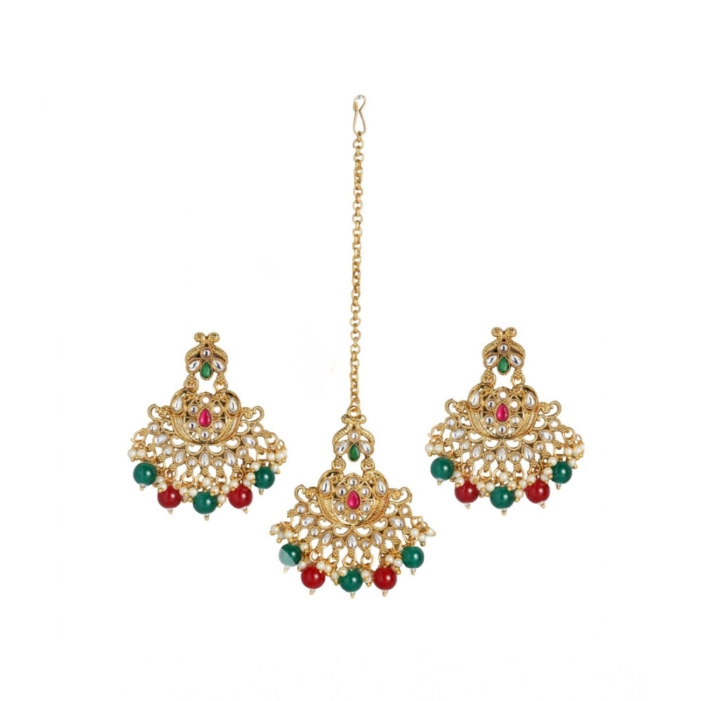 Rose Gold Plated Alloy Kundan Earrings & Mangtikka (Red & Green) – Design 01