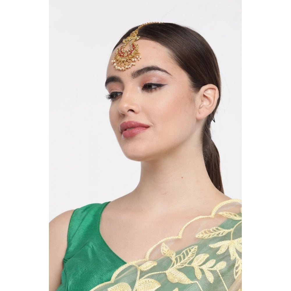 Rose Gold Plated Alloy Kundan Earrings & Mangtikka (Maroon)