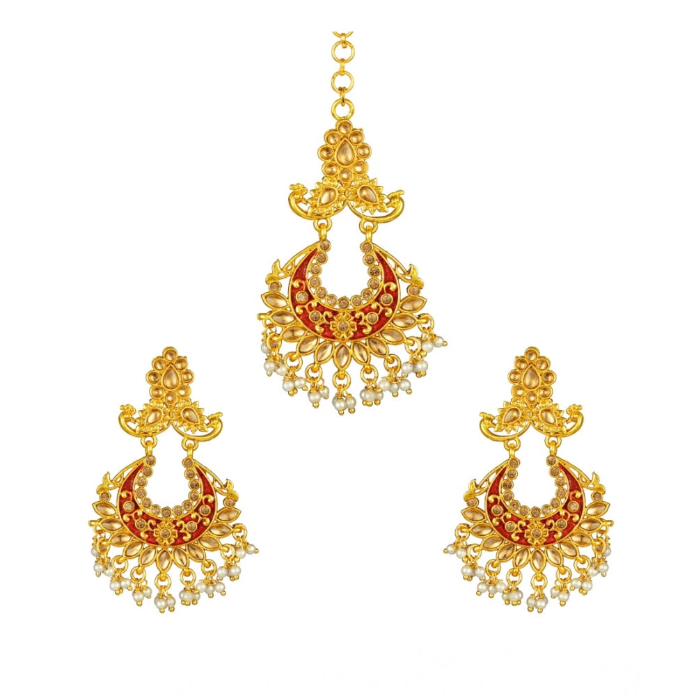 Rose Gold Plated Alloy Kundan Earrings & Mangtikka (Maroon)