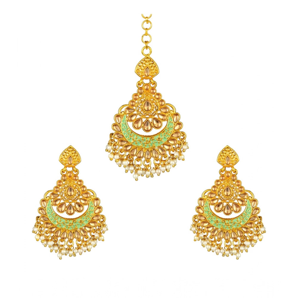 Rose Gold Plated Alloy Kundan Earrings & Mangtikka (Green) – Design 02