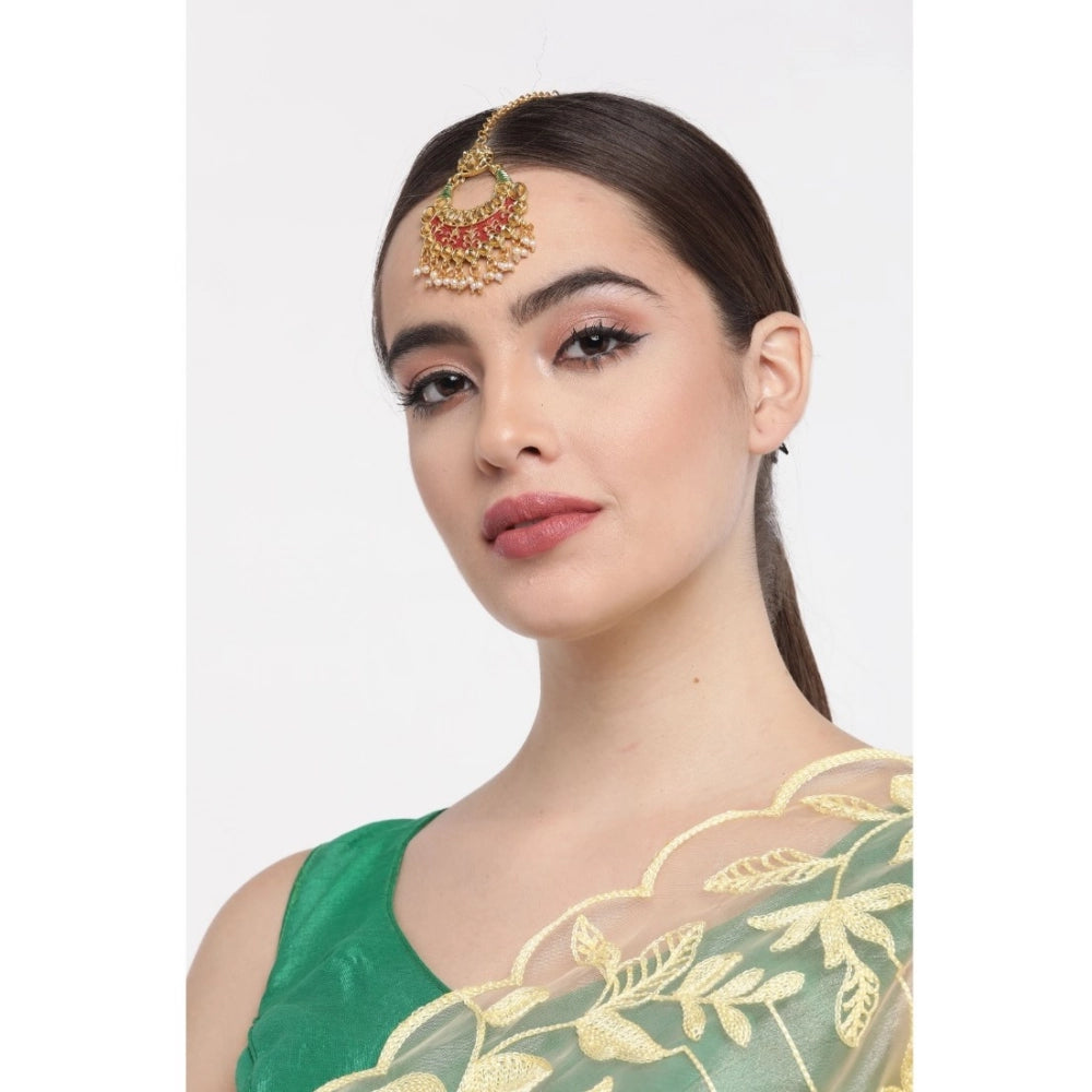 Rose Gold Plated Alloy Kundan Earrings & Mangtikka (Red & Green) – Design 02