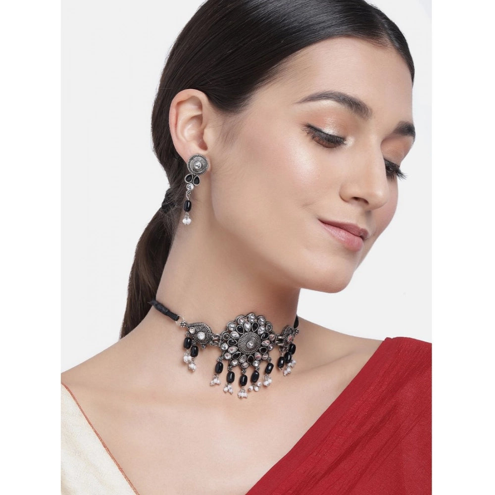 Rose Gold Plated Alloy Necklace & Earrings Set (Black)