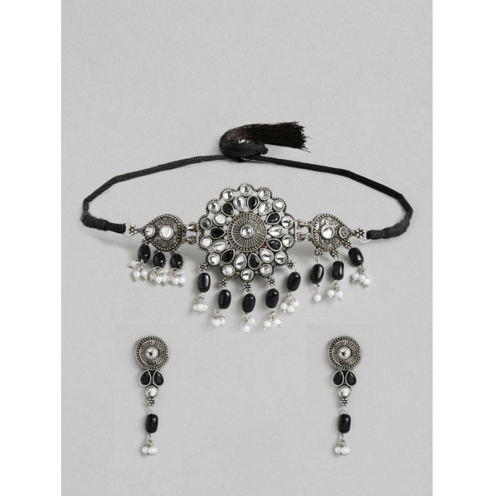 Rose Gold Plated Alloy Necklace & Earrings Set (Black)