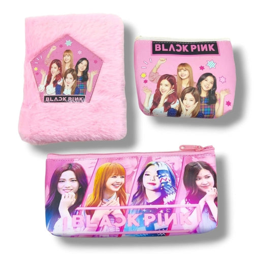 3 in 1 Black Pink BTS Stationery Set With 2 Pouchs And 1 Packet Dairy – 5+ Years