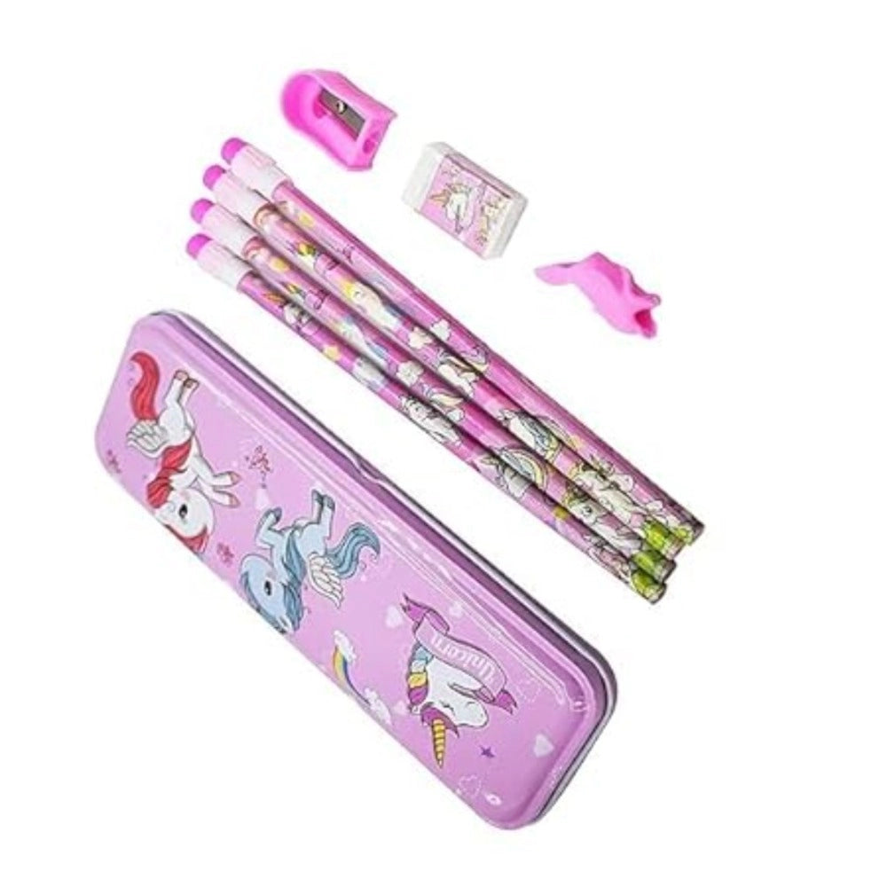 8-Piece Set Unicorn Metal Pencil Box With 4 Pencils, 1 Sharpener, 1 Eraser And 1 Pencil Cap – 3+ Years