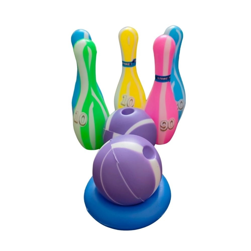 Junior Bowling Set With 5 Bottles 2 Balls And 1 Ball Stand Ring – 1+ Years