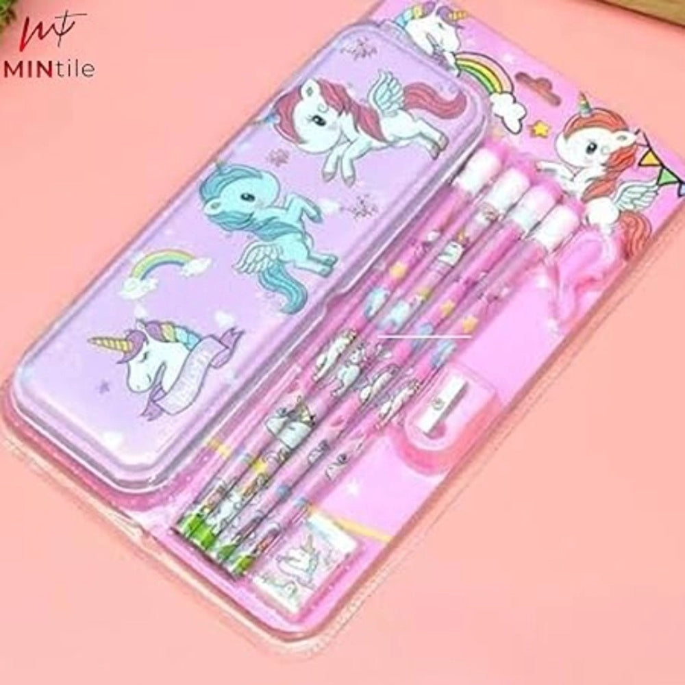 8-Piece Set Unicorn Metal Pencil Box With 4 Pencils, 1 Sharpener, 1 Eraser And 1 Pencil Cap – 3+ Years