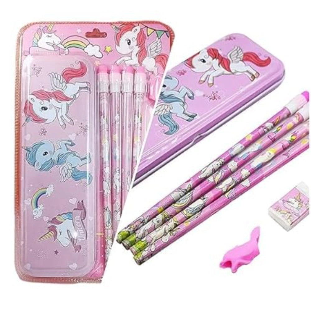 8-Piece Set Unicorn Metal Pencil Box With 4 Pencils, 1 Sharpener, 1 Eraser And 1 Pencil Cap – 3+ Years