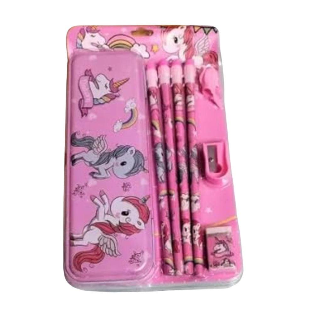 8-Piece Set Unicorn Metal Pencil Box With 4 Pencils, 1 Sharpener, 1 Eraser And 1 Pencil Cap – 3+ Years