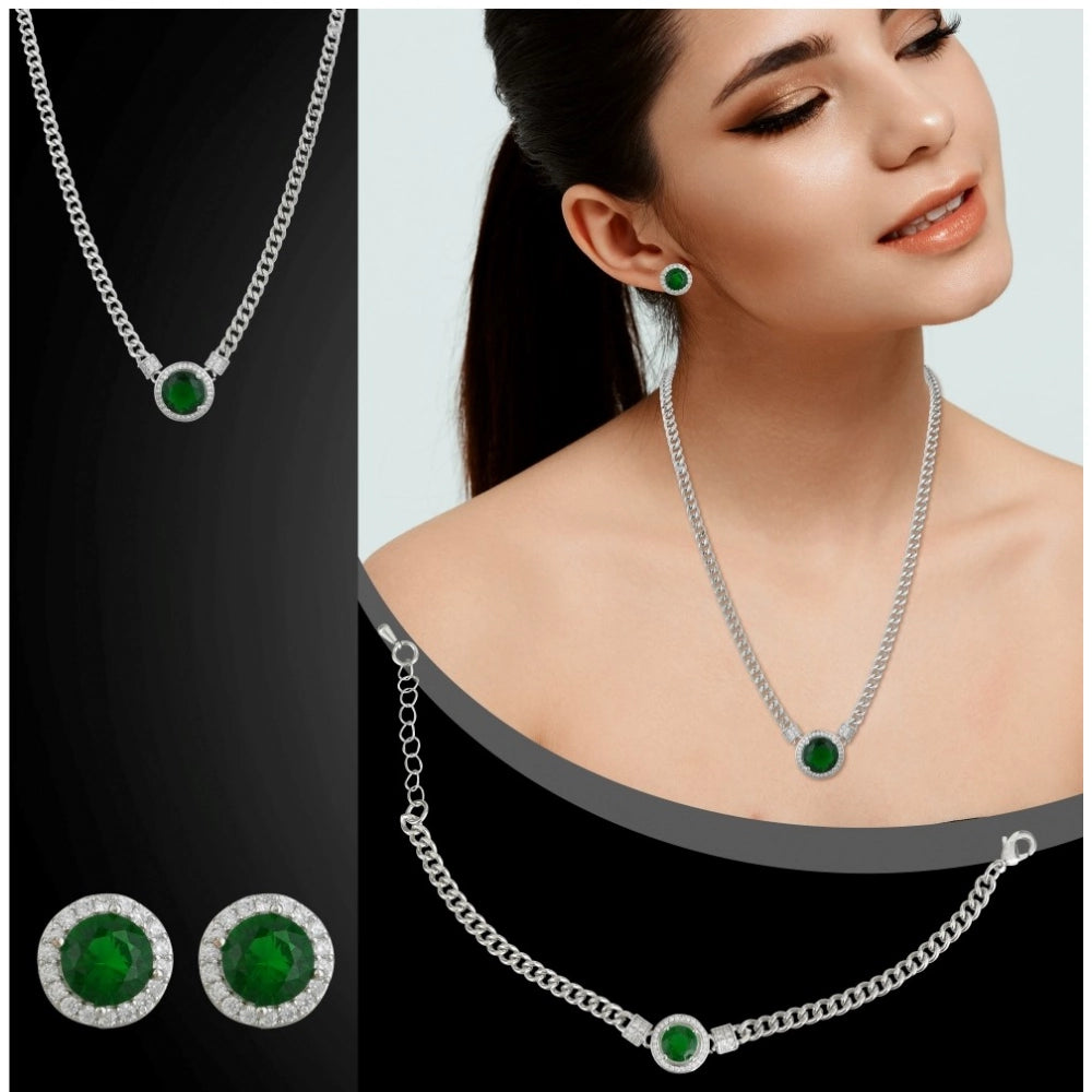 Stainless Steel Green Color Silver Chain Western Combo Jewelry (Silver Plated)