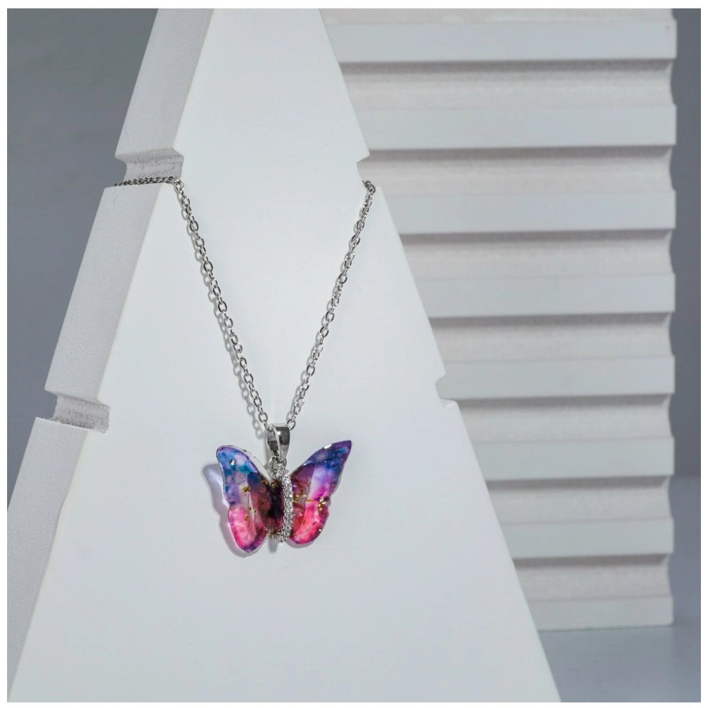 Stainless Steel Colorful Butterfly Pendant Dailywear chain (Silver Plated)