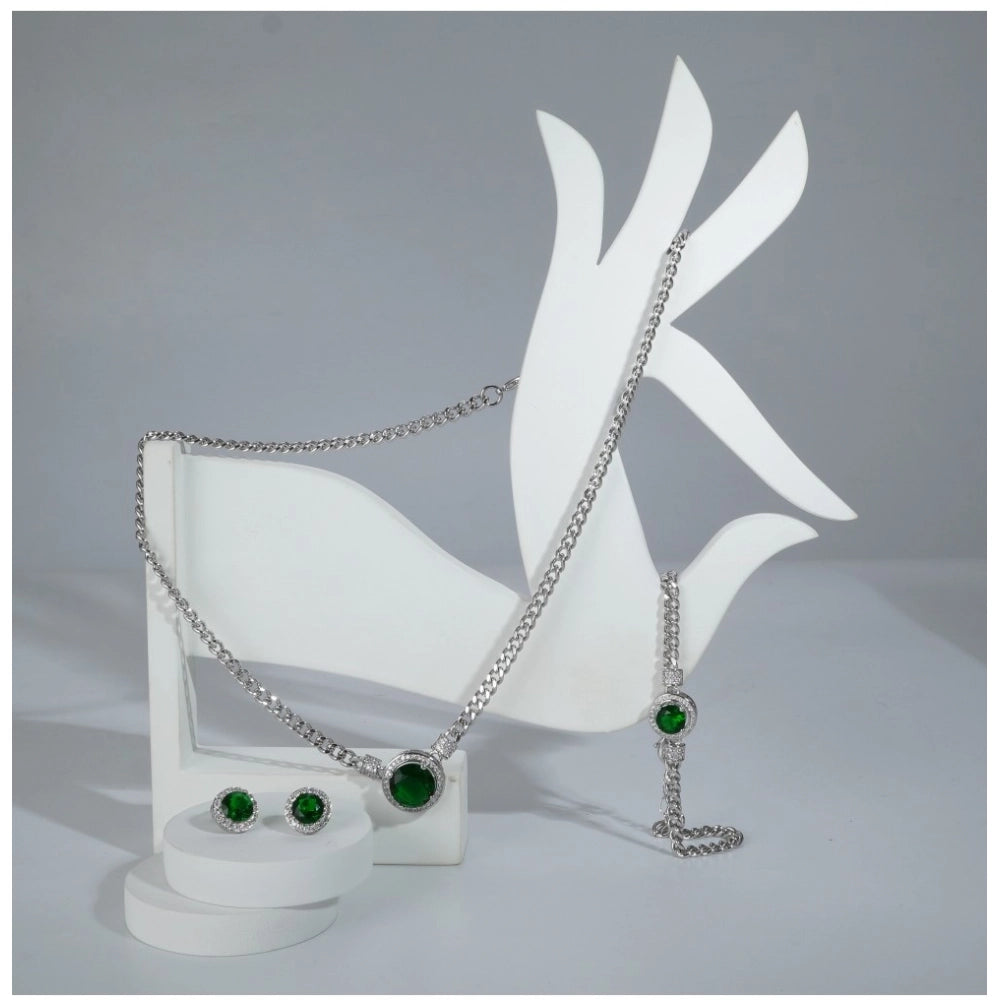 Stainless Steel Green Color Silver Chain Western Combo Jewelry (Silver Plated)
