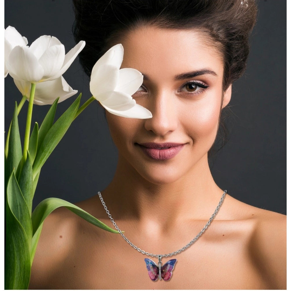 Stainless Steel Colorful Butterfly Pendant Dailywear chain (Silver Plated)
