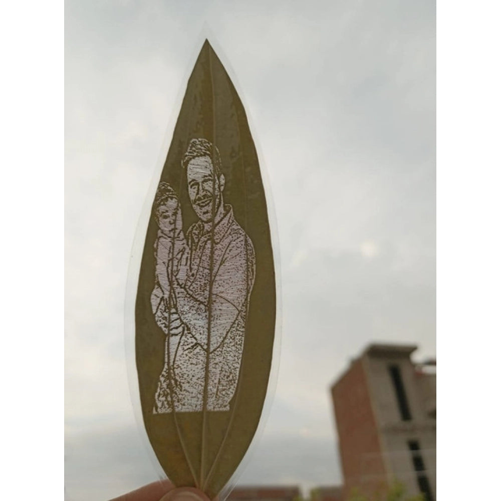 Custom Father & Child Portrait Engraved on Natural Leaf – Personalized Botanical Art Gift